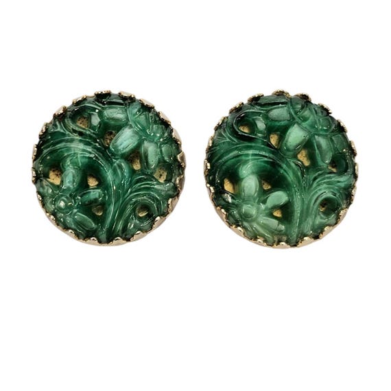 Napier Faux Carved Jade Molded Glass Clip-On Earrings Vintage, Signed