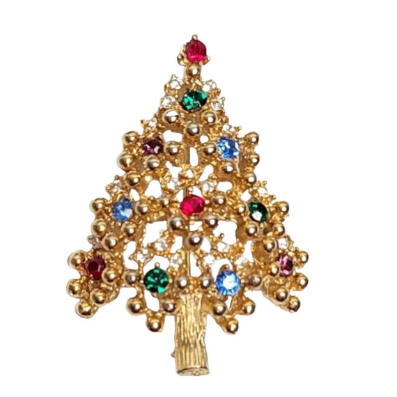Eisenberg Gold Tone Multi Color Rhinestone Christmas Tree Brooch, Signed