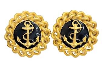 Gold Tone Black Enamel Anchor Nautical Rope Edge Designer Style Clip-On Earrings, M255