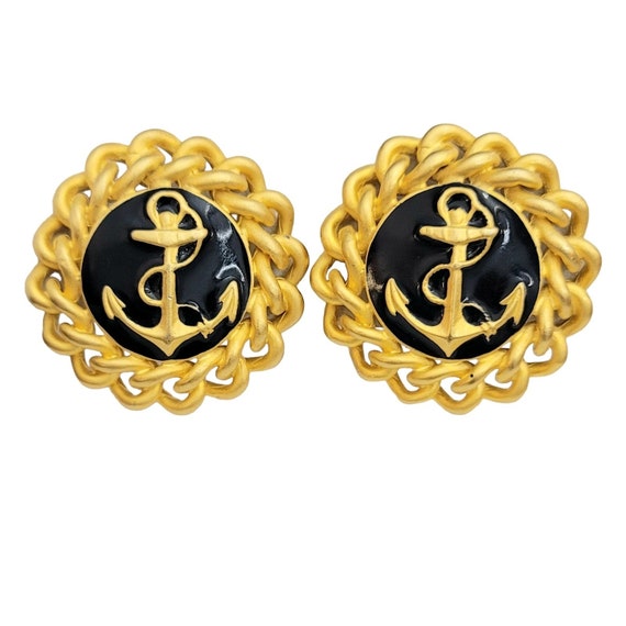 Gold Tone Black Enamel Anchor Nautical Rope Edge Designer Style Clip-On Earrings, M255