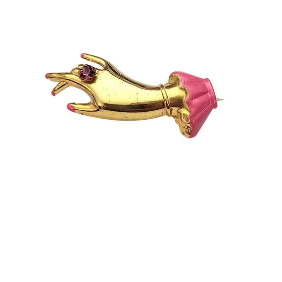 Hand Brooch Vintage Pin Pink Enamel Cuff, Nails, Rhinestone Ring Pin C691