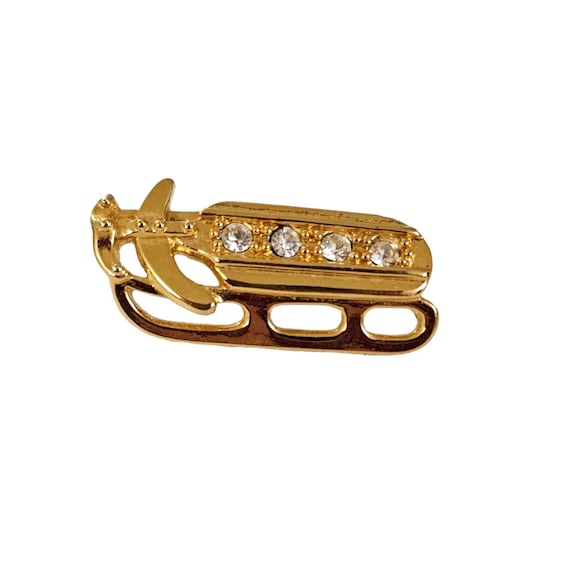 Gold Tone Clear Rhinestone Snow Ski Sled Lapel Pin K270