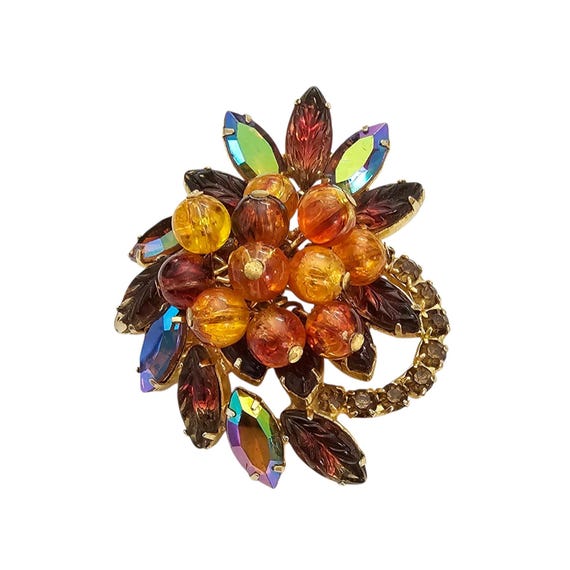 Vintage Purple Gold Givre Brooch AB Rhinestone Autumn Fall Cluster Pin