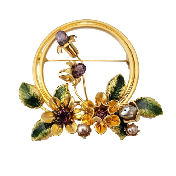 Purple Flower Glass Bead Brooch, Green Enamel Leaf Rhinestone Pin J682