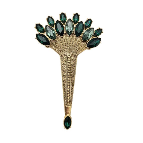 1928 Brand Art Deco Victorian Green Navette Rhinestone Torch Brooch J562
