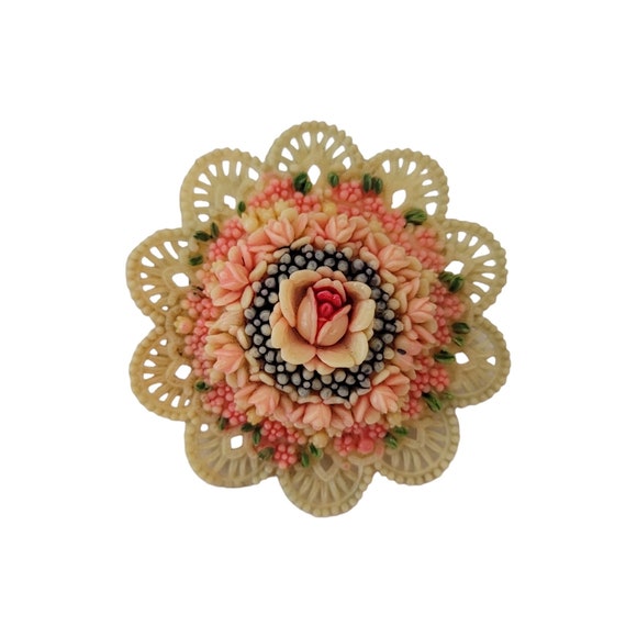Vintage Celluloid Lacy Pink Carved Flower Brooch Pin E823