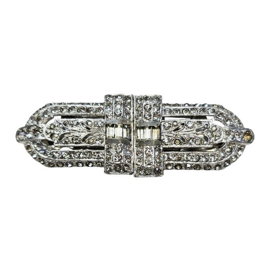 Coro Duette Silver Tone Rhinestone Art Deco Convertible Dress Clips Brooch, Signed L541