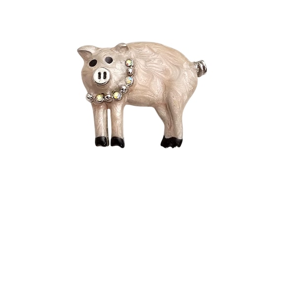 Danecraft Pin Pig Brooch, Pearly Enamel, AB Rhinestone Pin Signed J351