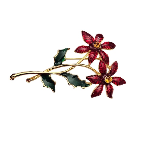 Poinsettia Red Enamel Yellow Rhinestone Brooch Christmas Pin C616
