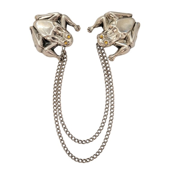 Sterling Silver Yellow Rhinestone Eyes Repousse Frog Chatelaine Brooch Pair, E681