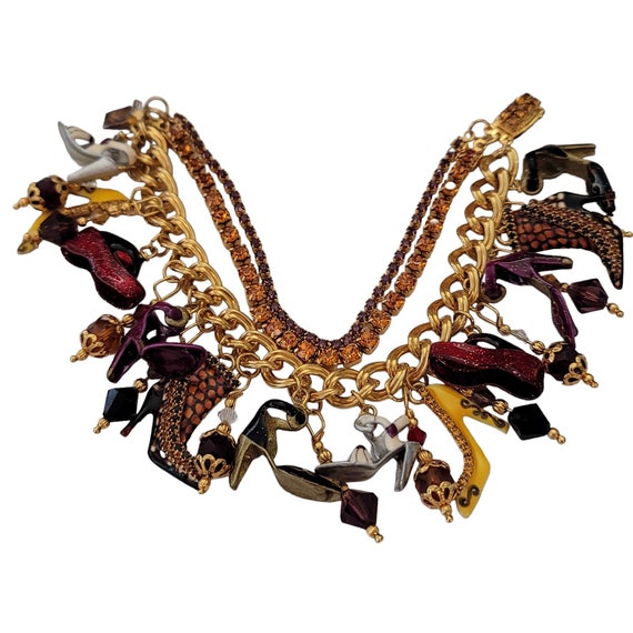 Lunch At The Ritz Topaz Prong Set Rhinestone Loaded Shoe Charm Bracelet 7.25” L, Signed E321