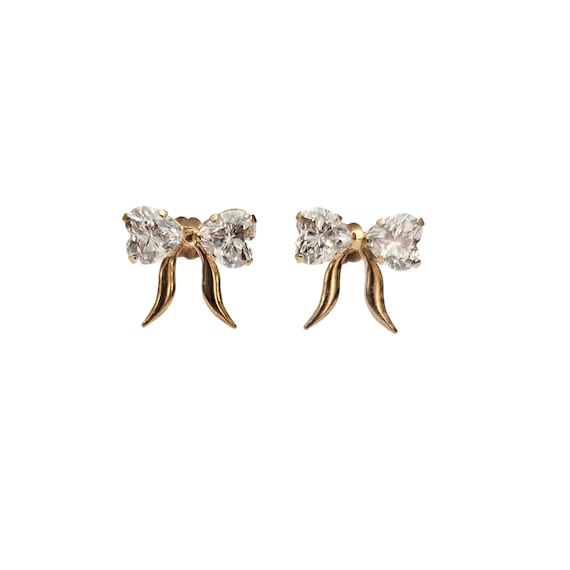 10K Yellow Gold Heart Bow CZ Post Earrings