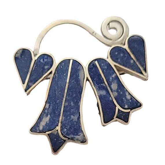 Silver 950 Lapis Inlay Flower Pin Brooch Trombone Clasp K747