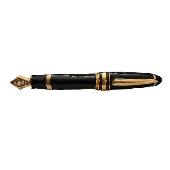 Gold Tone Black Enamel Clear Rhinestone Fountain Pen Brooch Pin E887