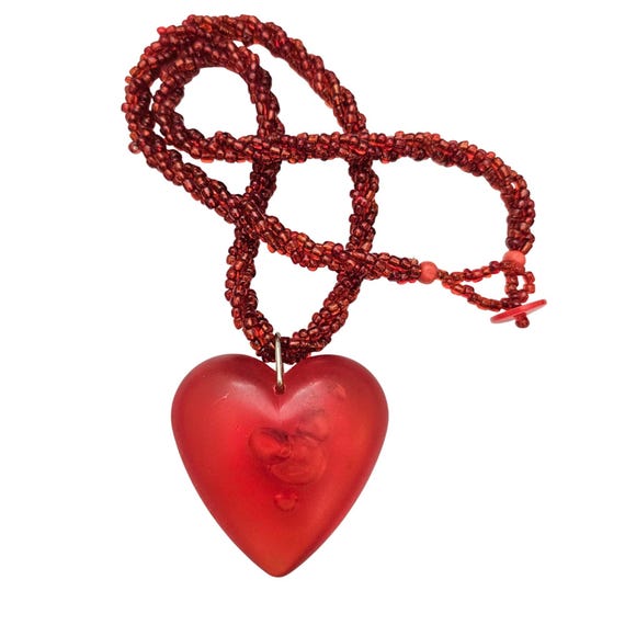 Red Glass Bead Necklace Puffy Bubble Lucite Heart Pendant C830