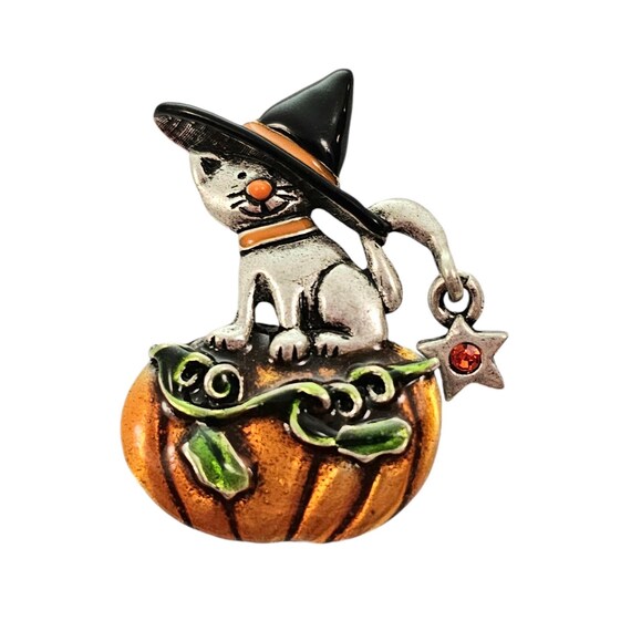 AJMC Witch Cat On Pumpkin Brooch, Orange Green Enamel, Star Dangle Charm Pin, Signed  L444