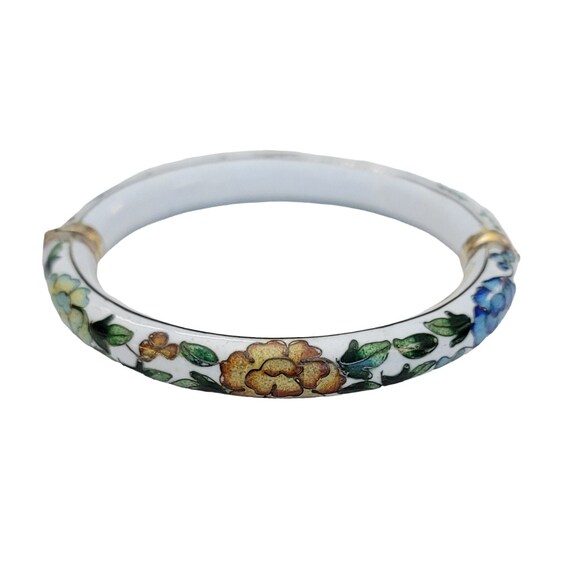 While Enamel Multi Color Floral Cloisonne Hinged Bangle Bracelet 2.4” Diameter, K112