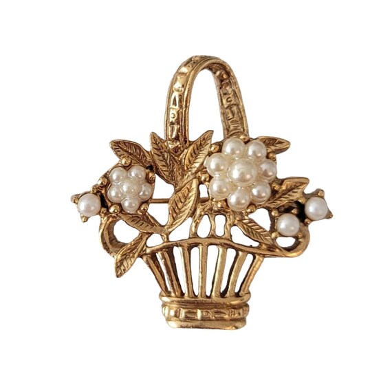 1928 Brand Gold Tone Faux Pearl Flower Basket Brooch Pin E173
