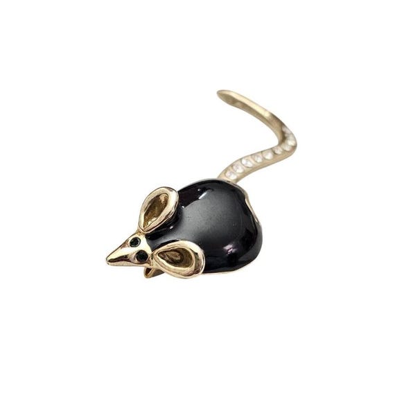 Vintage Mouse Brooch Black Enamel Green Rhinestone Articulated Tail Pin J901