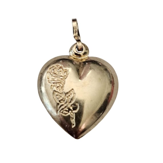 14K Heart Pendant Rose Etched Puffy Dangle J869