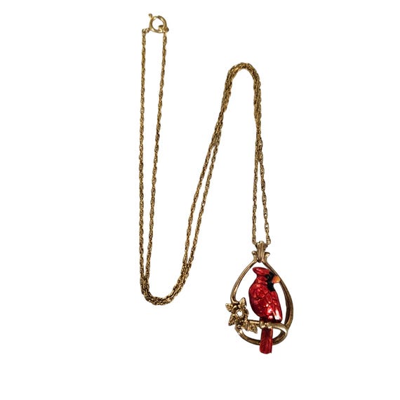 Sterling Silver Gold Vermeil Red Enamel Cardinal Clear CZ Necklace 18” Long L201