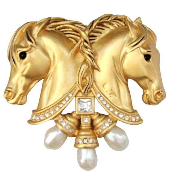 Liz Taylor Gold Double Horse Head "Hearts In Tandem" Brooch, Signed