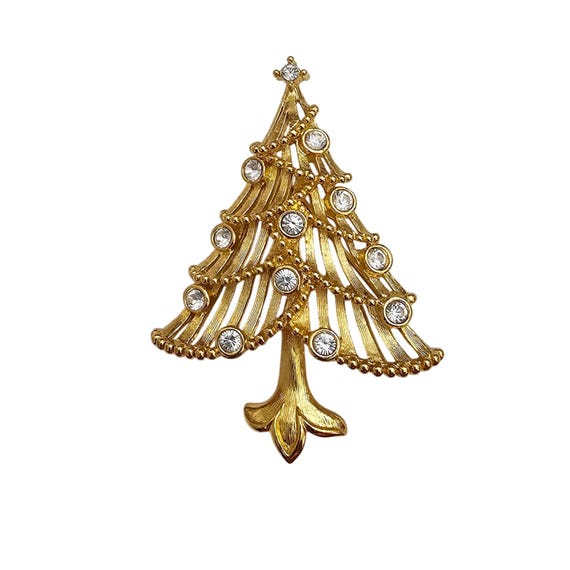 Gold Tone Christmas Tree Clear Rhinestone Brooch Textured Pin J499