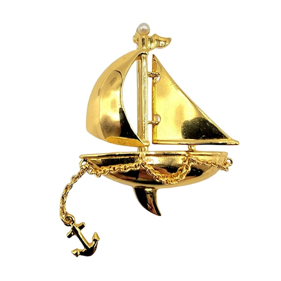 Carolee Gold-Tone Articulated Anchor Faux Pearl Sailboat Charm Brooch, Signed