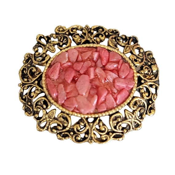 Gold Tone Pink Stone Chip Filigree Cameo Style Pin Brooch K493