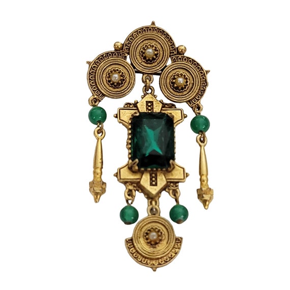Florenza Gold Tone Green Rhinestone Glass Ball Etruscan-Style Dangle Brooch, Signed K656