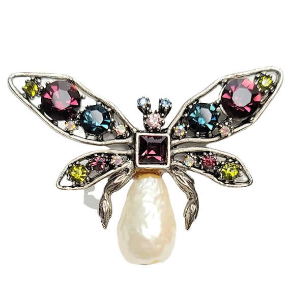 Yosca Silvertone  Multicolor Rhinestones Faux Pearl Butterfly Pin Brooch