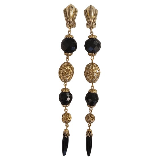 1928 Brand Victorian Style Brass Filigree Bead Shoulder Duster Clip-On Earrings K975