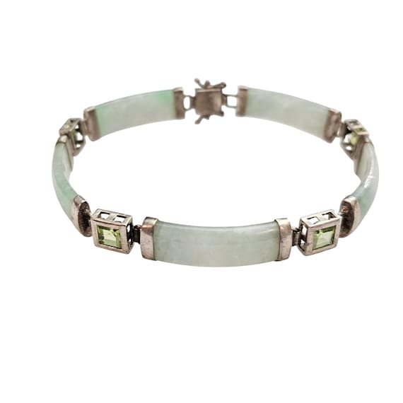 Sterling Silver Asian Style Bracelet Green Stone Links Tongue Clasp C966