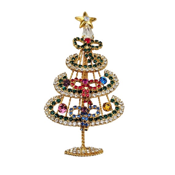 Multi Color Prong Set Rhinestone Bow Dangles Christmas Tree Brooch Pin L398