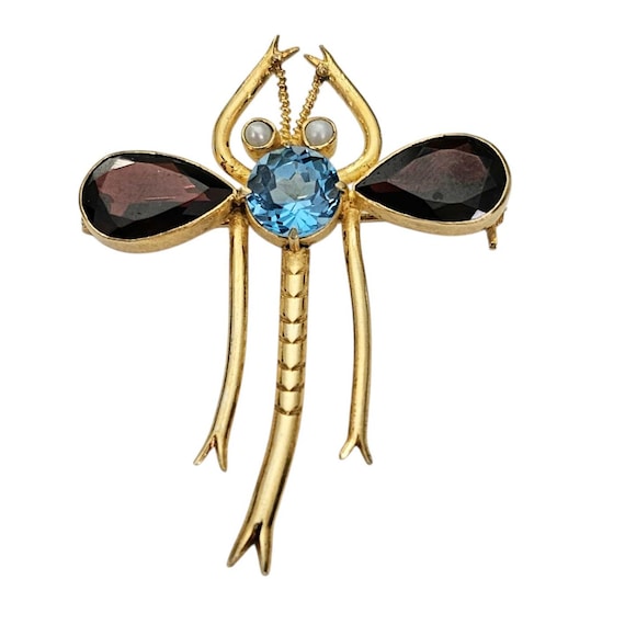 Sterling Silver Gold Vermeil Garnet Blue Topaz Pearl Dragonfly Brooch Pin, L807