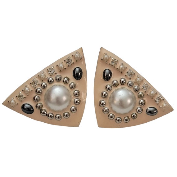 Fernella’s Jools NYC Pale Pink Rhinestone Resin Style Faux Pearl Clip-On Triangle Earrings, Signed K860