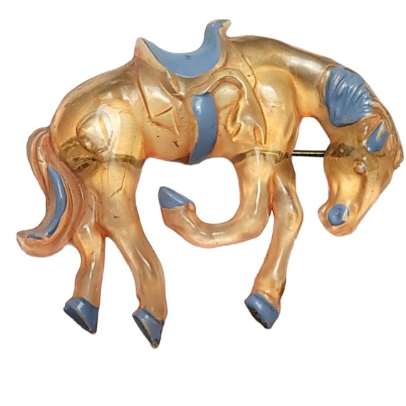 Plastic Possible Celluloid Painted Blue Horse Pin, Unsigned