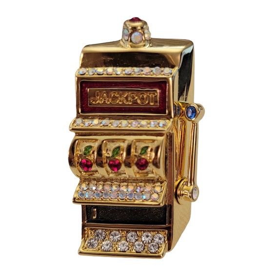 Trifari Gold Tone AB Clear, Red Rhinestone Enamel Jeweled Slot Machine Brooch, Signed E322