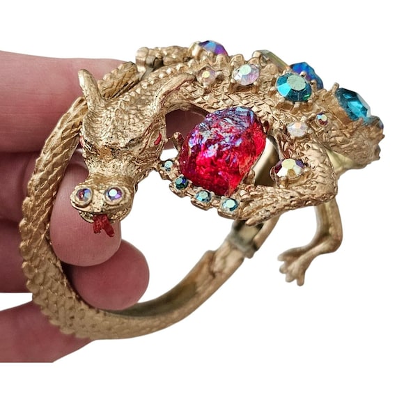 Judy Lee Hinged Dragon Bracelet Rare Signed, Lava AB Rhinestones, Restored, Repaired