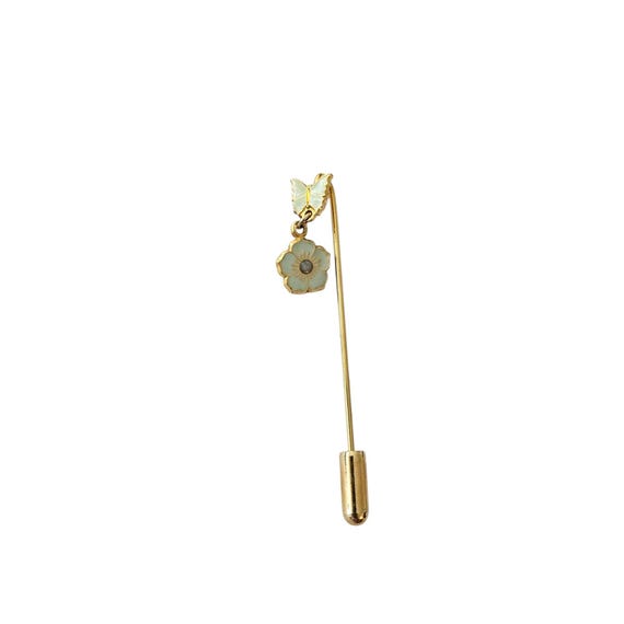 Gold Tone Butterfly Flower Green Enamel Charm Dangle Lamp Stick Pin