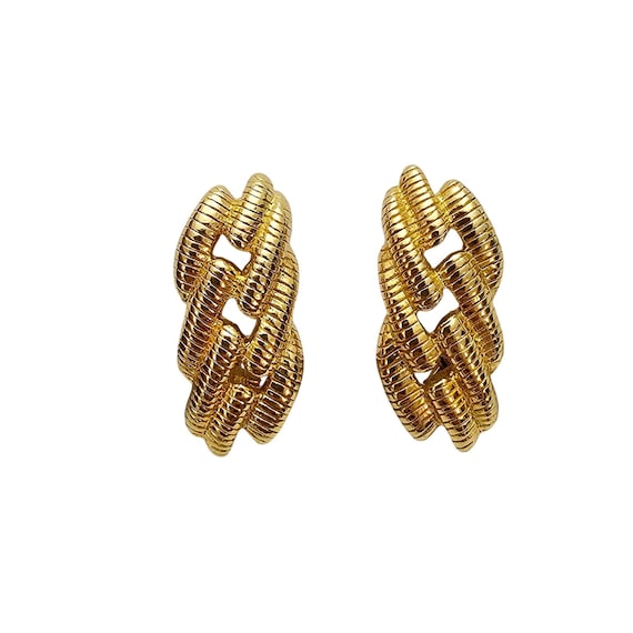 Monet Gold Tone Clip On Textured Rope Design Earrings Signed, C805