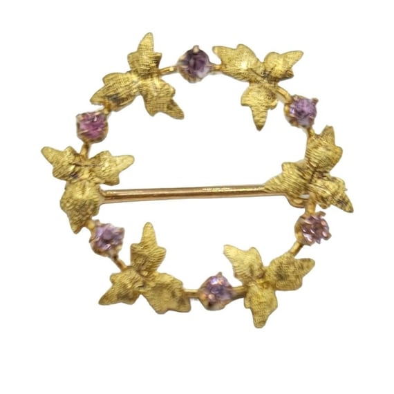 10k Yellow Gold Purple Glass Round Ivy Leaf Wreath Pin Brooch