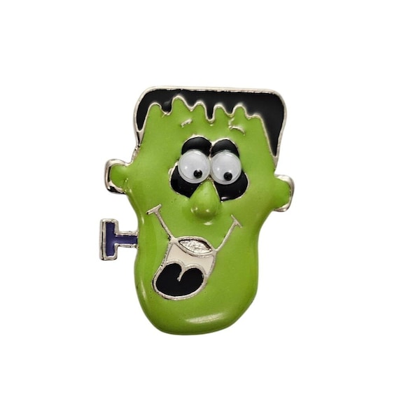 Vintage Green Frankenstein Brooch Google Eyes Halloween Pin