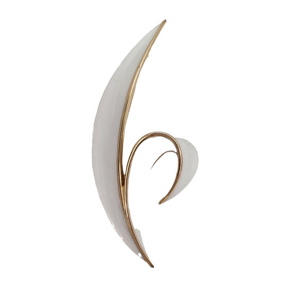 Trifari Crown Over T Gold-Tone Large White Enamel Double Leaf Brooch Pin, Signed