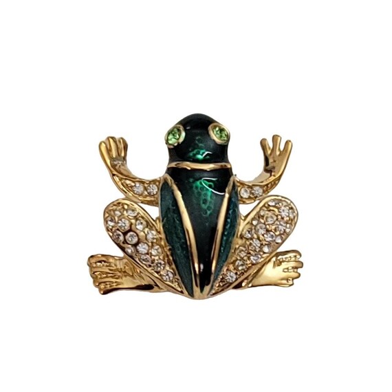 Roman Gold Tone Green Enamel Rhinestone Frog Brooch Pin, Signed L29