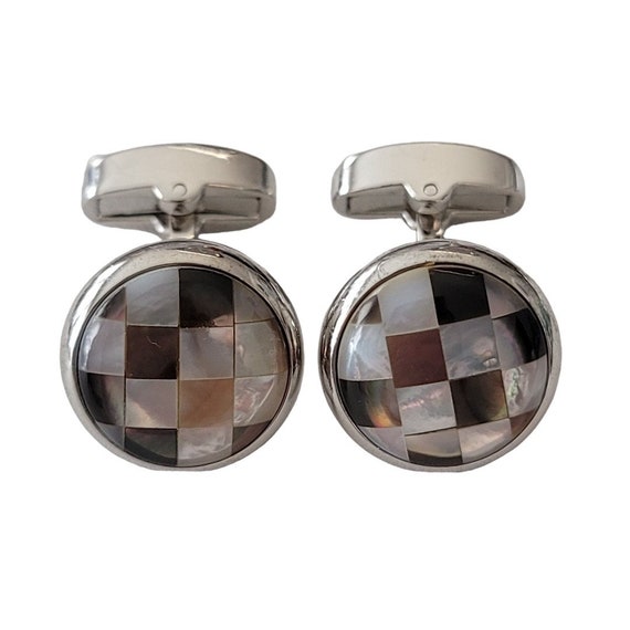 Egara Checker Shell Inlay Silver Tone Cufflinks, Signed E226