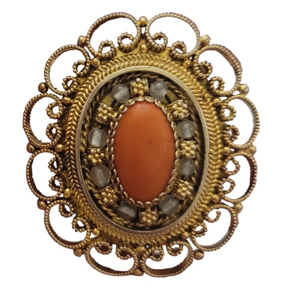 800 Silver Israel Brooch Pendant Gold Vermeil Coral Glass Bead Open Filigree  K261