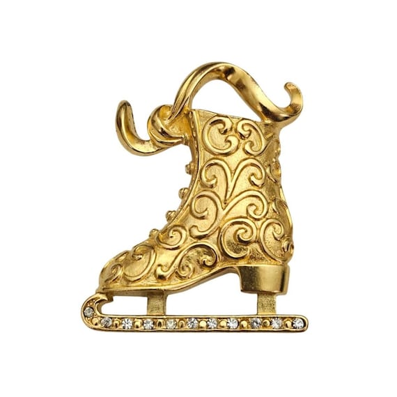 Gold Tone Ice Skate Brooch Designer Clear Rhinestone Vintage Pin J911