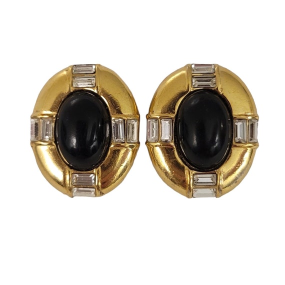 Monet Gold Tone Clear Baguette Rhinestone Black Cab Oval Clip-On Earrings, Signed E22