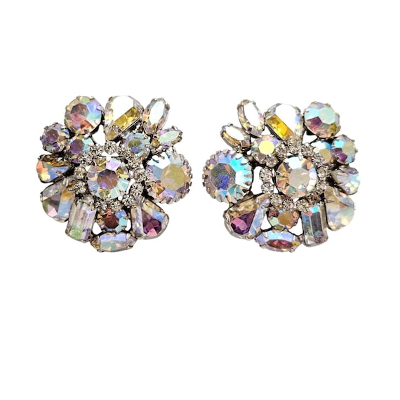 Weiss AB Snowflake Rhinestone Cluster Clip On Earrings Signed, J539